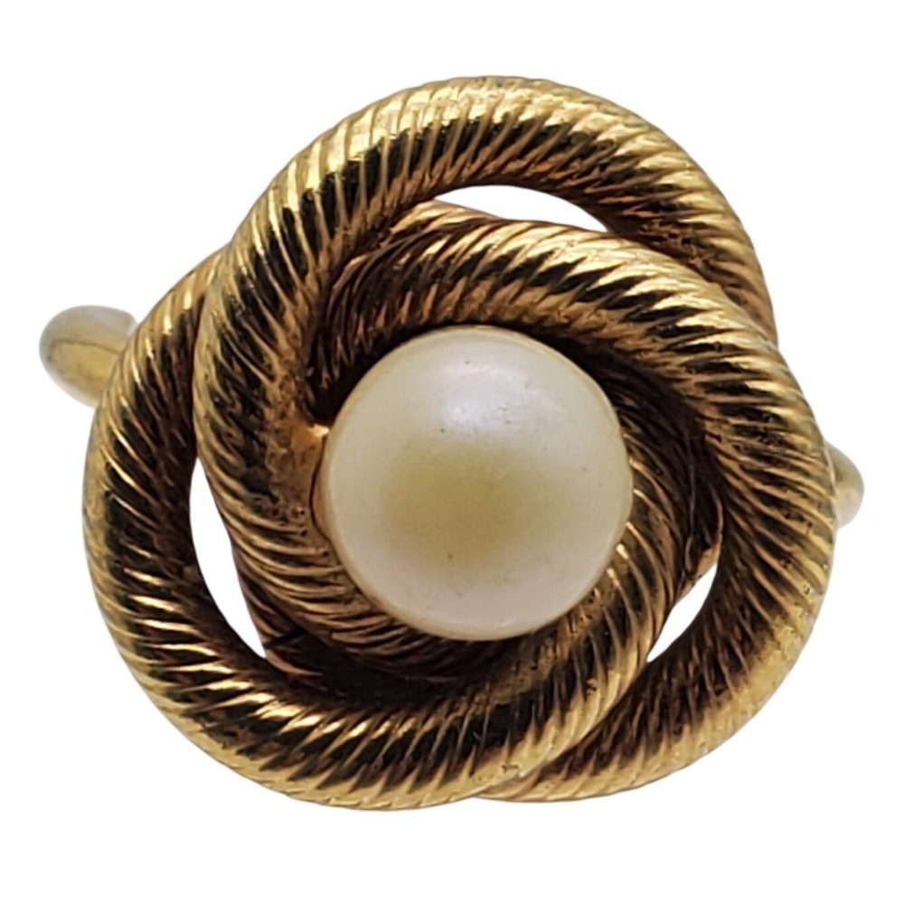 Sarah Coventry Ring Gold Tone Faux Pearl Rope Lovers Knot‎ Cocktail Twist Size 6